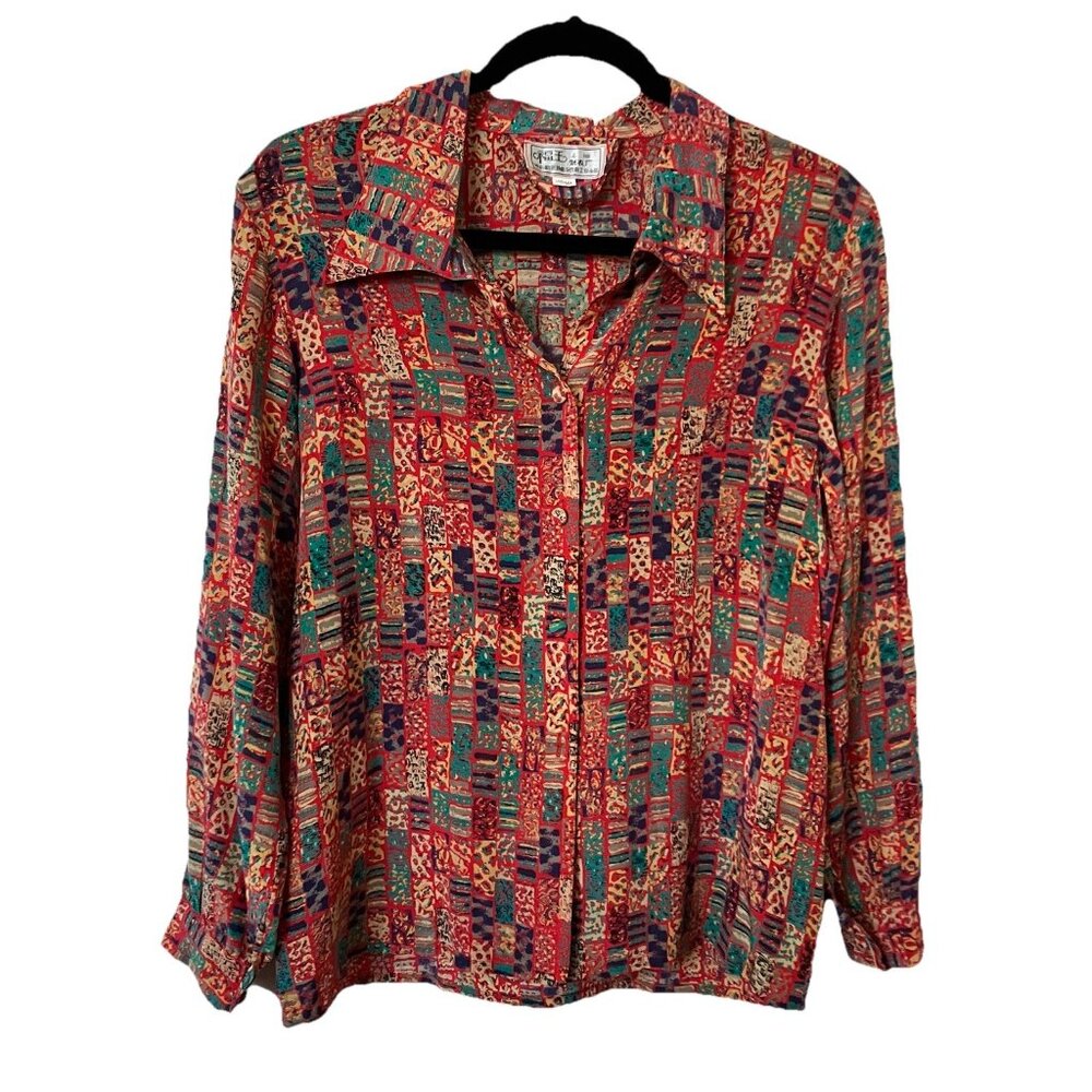 Vintage 1980s Geometric Button Up Shirt Womens Rayon Funky 90s Y2K